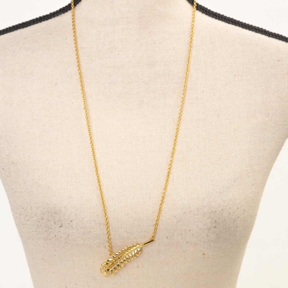 Long pendant necklace yellow gold tone feather pendant 30” length